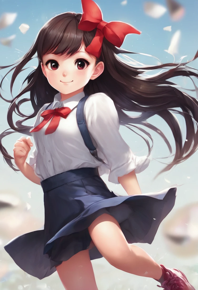 masterpiece, best quality,1girl, solo, nakorurums, red bow, teen, masterpiece, light smile, (illustration: 1.5), running toward viewer