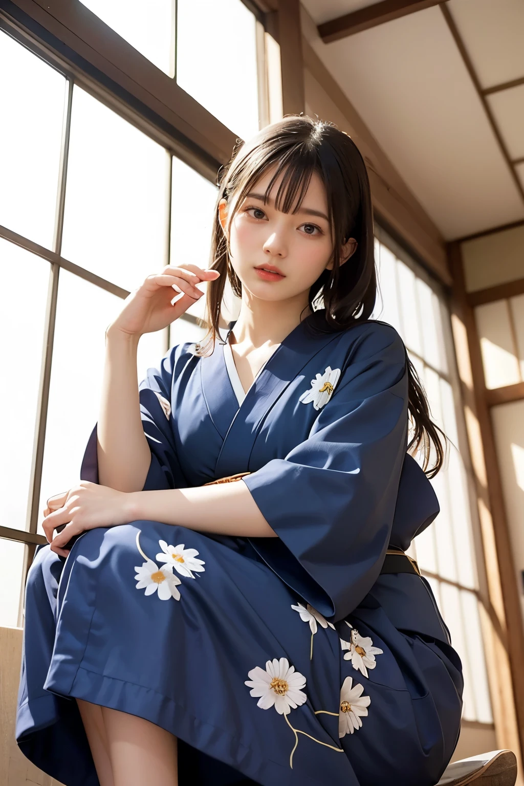 傑作, ボケ, 美しい (日本のアイドル:1.6), (yukata:1.3), 海岸でしゃがむ, (下から:1.6), 