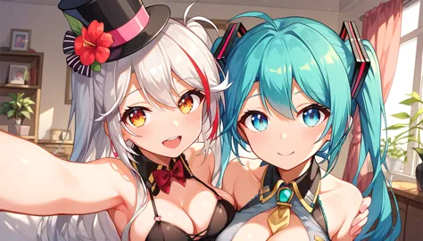 ((2girls:1.3)), ((moe style:1.3)), ((oasis:1.3)), full body, ((top hat:1.3)), white hair, prinz eugen (azur lane), selfie, hatsu...