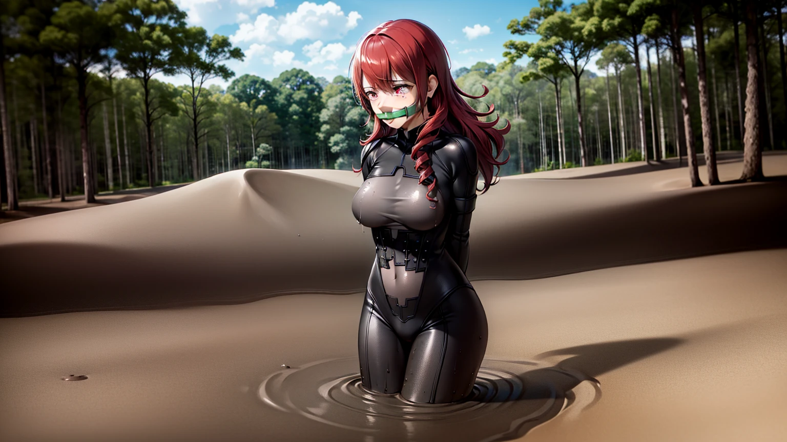 (black bodysuit, grey bodysuit:1.4), kirijou mitsuru, (red eyes, long hair, messy hair, red hair:1.4), 1girl, (gag, gagged, tape gag, restrained:1.4), (((fear, tears, crying))), thigh gap, (((large breasts))), ((a girl is sinking into quicksand)), ((quicksand)), (((standing))), sinking in quicksand, partially submerged, (only upper body visible), Sinking in mud, jungle, (arms behind back:1.4)