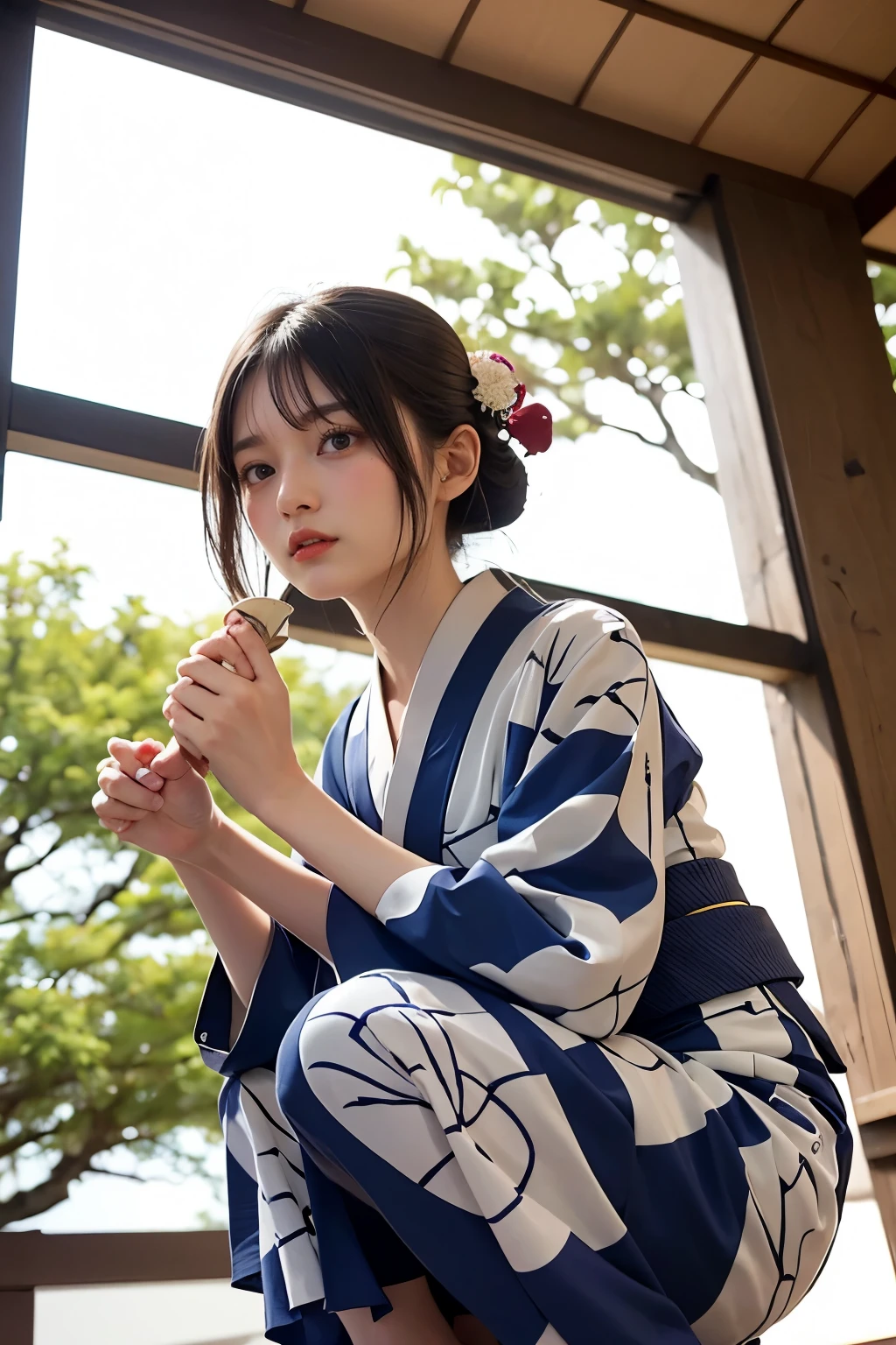 Masterpiece, bokeh, Beautiful (Japanese idle:1.6), (yukata:1.3), squatting in seashore, (From below:1.6), 