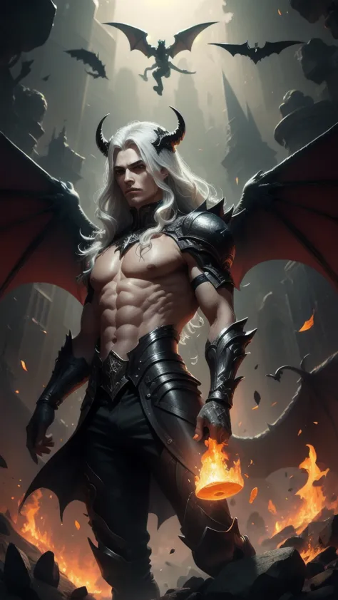 ((Men)) ((man)) devil, Fallen Angel, has six wings, is surrounded by flames or bright light, bat wings, winged figure, usually d...