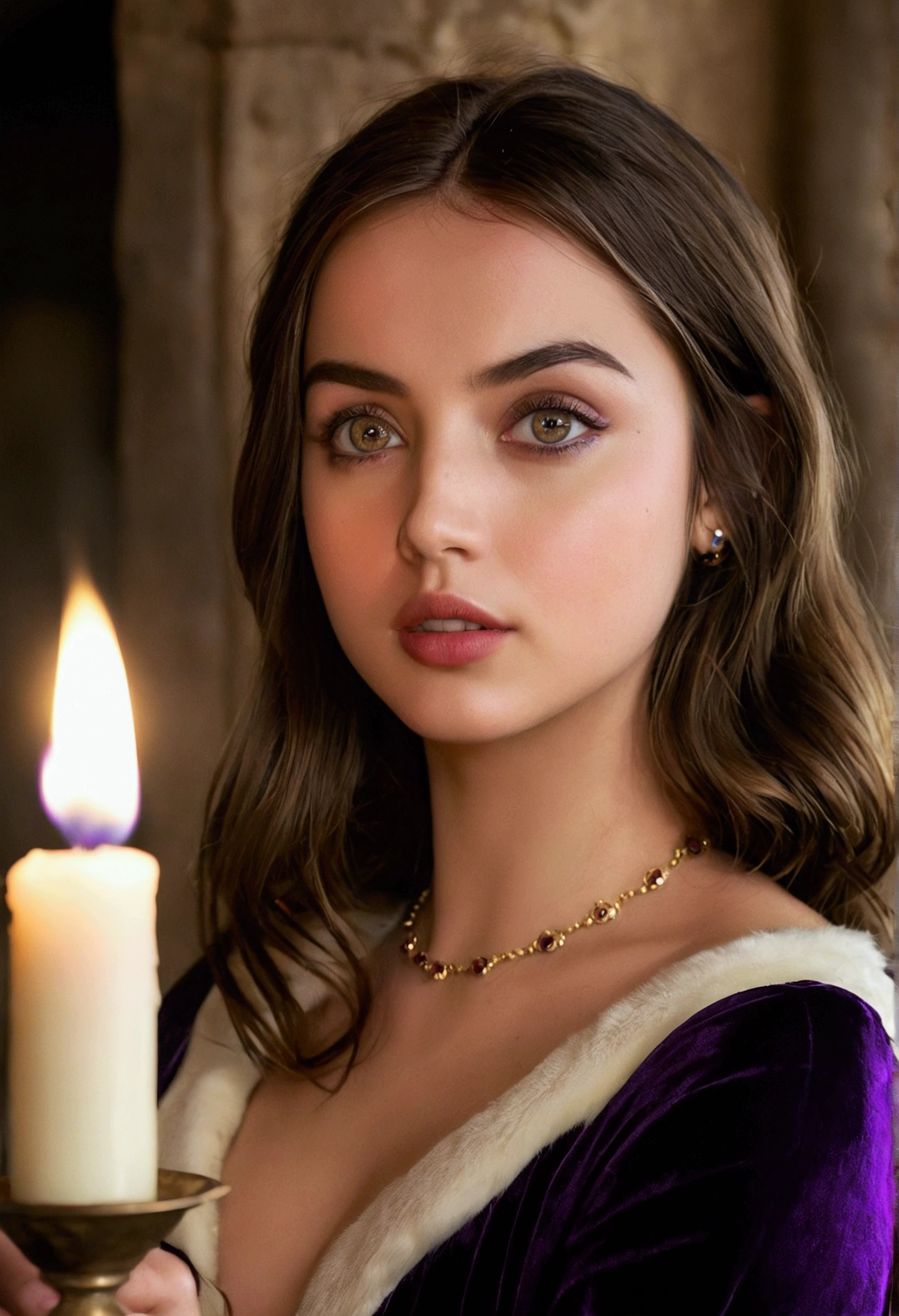 Ana de Armas, tese clara, mulher por volta de 1, pele branca natural, Olhos roxos distintos, usando kohl, slim and elegant, lindo, À luz de velas em ambiente medieval, foco ultra nítido, foto realista, Mulheres&#39;roupas medievais, cores tetrádicas, Rosto Perfeito, todo o corpo, seios grandes