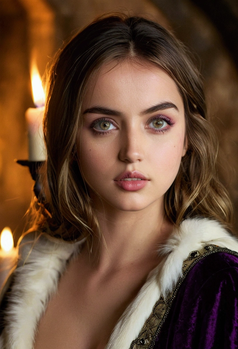 Ana de Armas, thesis clara, woman around 1, natural white fur, Distinctive purple eyes, using kohl, slim and elegant, beautiful, candlelight in a medieval setting, ultra sharp focus, realistic shot, women&#39;s medieval clothing, Tetradic colors, Perfect face, whole body, big breasts