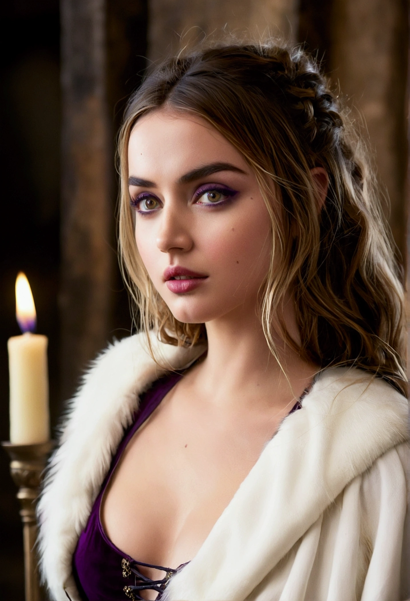 Ana de Armas, thesis clara, woman around 1, ((natural white fur)), Distinctive purple eyes, using kohl, slim and elegant, beautiful, candlelight in a medieval setting, ultra sharp focus, realistic shot, women&#39;s medieval clothing, Tetradic colors, Perfect face, whole body, big breasts