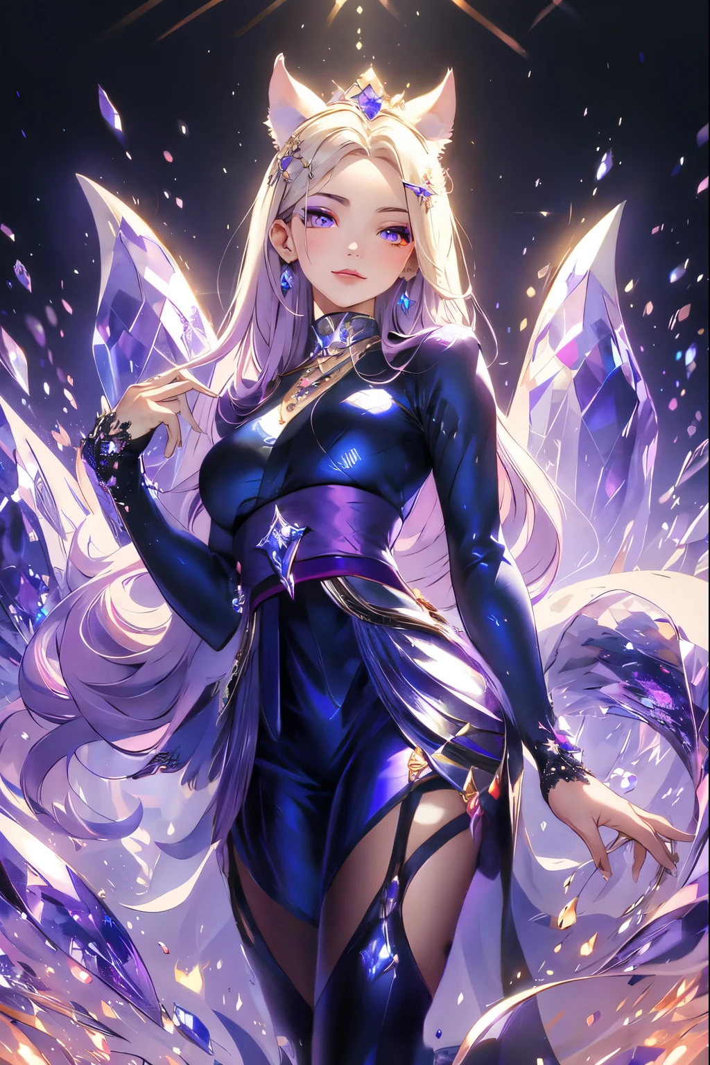 ((best quality)), ((masterpiece)), (detailed), detailed eyes, detailed hands, full-length body image, female humanoid kitsune, wearing a short kimono, crystal crown on top of her head, light purple hair, light purple fox ears, 2 purple crystal fox tails, 1 crystal eight-pointed star shape on forehead, delicate and beautiful detailing, beautiful face, well-proportioned detailed purple eyes, round detailed purple eyes and makeup, beautiful detailed and clear purple eyes, volume smooth and sharp, long flat bangs, fictional art, best photos, best quality, very beautiful and meticulous eight-pointed crystal star on forehead, delicate, mouth closed smile, not fully smiling