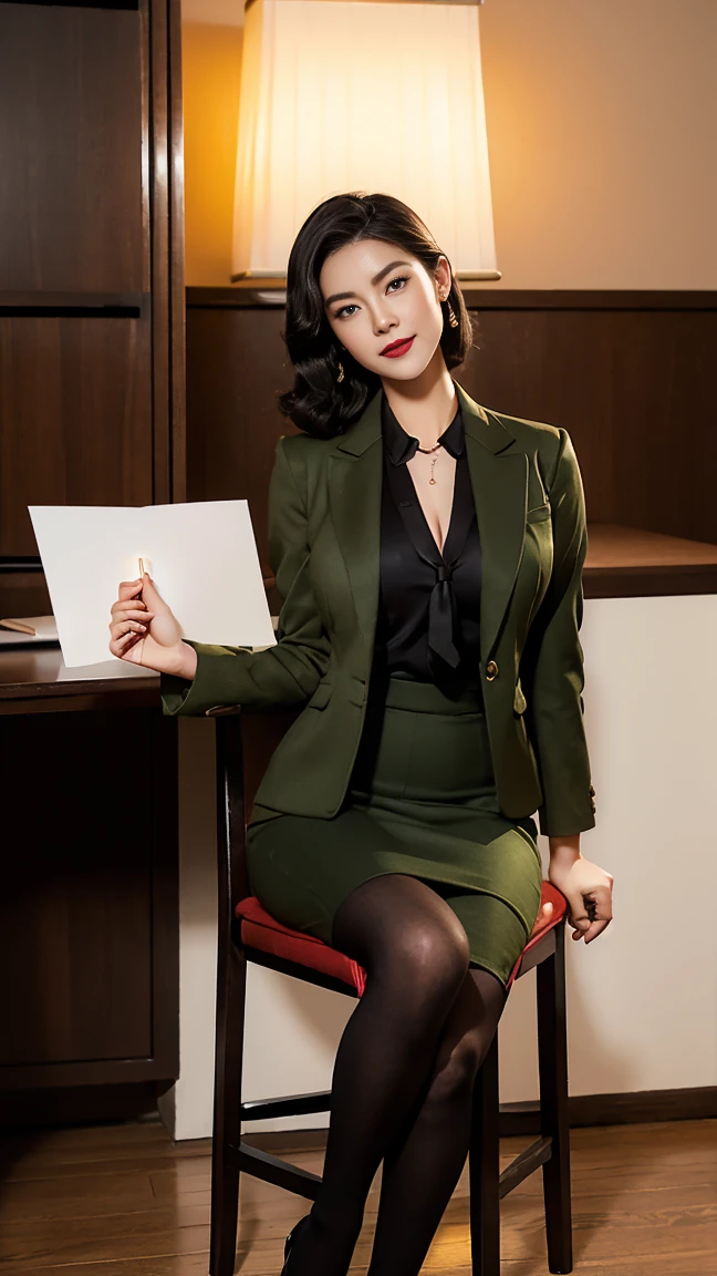 (Full body portrait), in the office, a Chinese beauty in uniform, (Retro finger waves),finger waves, perfect face, smirk, lipstick, red lips, well toned ass，Deep olive green tight fitting wool jacket, a brown-green shirt,wearing (Black uniform tie),Deep Olive Green Wool Pencil Skirt, （Black high heeled knee high boots）,(handing male colleague an envelope),(male colleague sitting on the office chair), smiling, blushing, bright eyes, 1 girl, 1 boy, full body standing, seductive smile, male colleague, office, desk, chair (night, bright lights), Best quality, masterpiece, ultra-high res, (photosensitive: 1.4), 8k Portrait of beautiful, enriched, elegant, highly detailed, Majestic, digital photography, art by artist and run jia and greg rutkowski, (masterpiece, sidelighting, finely detailed beautiful eyes: 1.2), hdr, detailed background,