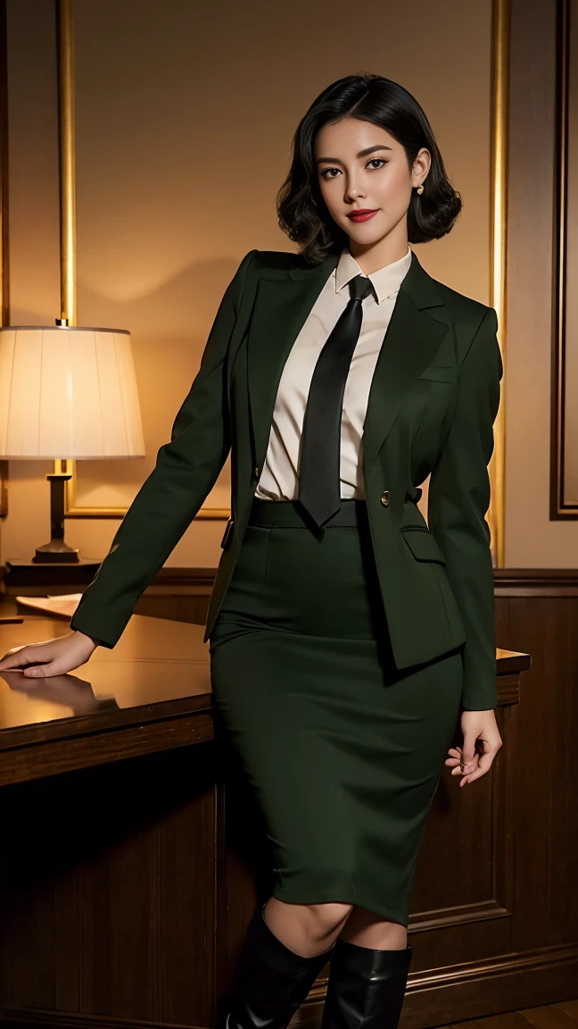 (Full body portrait), in the office, a Chinese beauty in uniform, (Retro finger waves),finger waves, perfect face, smirk, lipstick, red lips, well toned ass，Deep olive green tight fitting wool jacket, a brown-green shirt,wearing (Black uniform tie),Deep Olive Green Wool Pencil Skirt, （Black high heeled knee high boots）,(handing male colleague an envelope),(male colleague sitting on the office chair), smiling, blushing, bright eyes, 1 girl, 1 boy, full body standing, seductive smile, male colleague, office, desk, chair (night, bright lights), Best quality, masterpiece, ultra-high res, (photosensitive: 1.4), 8k Portrait of beautiful, enriched, elegant, highly detailed, Majestic, digital photography, art by artist and run jia and greg rutkowski, (masterpiece, sidelighting, finely detailed beautiful eyes: 1.2), hdr, detailed background,