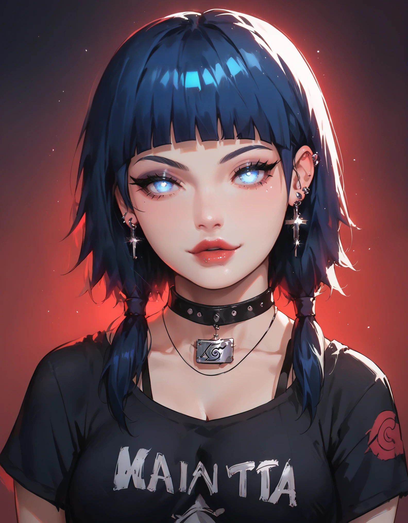 score_9, score_8_up, score_7_up, masterpiece, best quality, highly detailed, 1girl, (Hinata from Naruto) pale skin, blue eyes, thick black eyelashes, black eyeliner, dark eyeshadow, neon blue hair, low twintails, big breasts, black t-shirt, ear piercings, looking at the viewer, bedroom eyes, seductive smile, g0thicPXL, glowing hair, glowing eyes, neon, arm behind head, arched back, dark background, cowboy shot, thick white character outline, cleavage