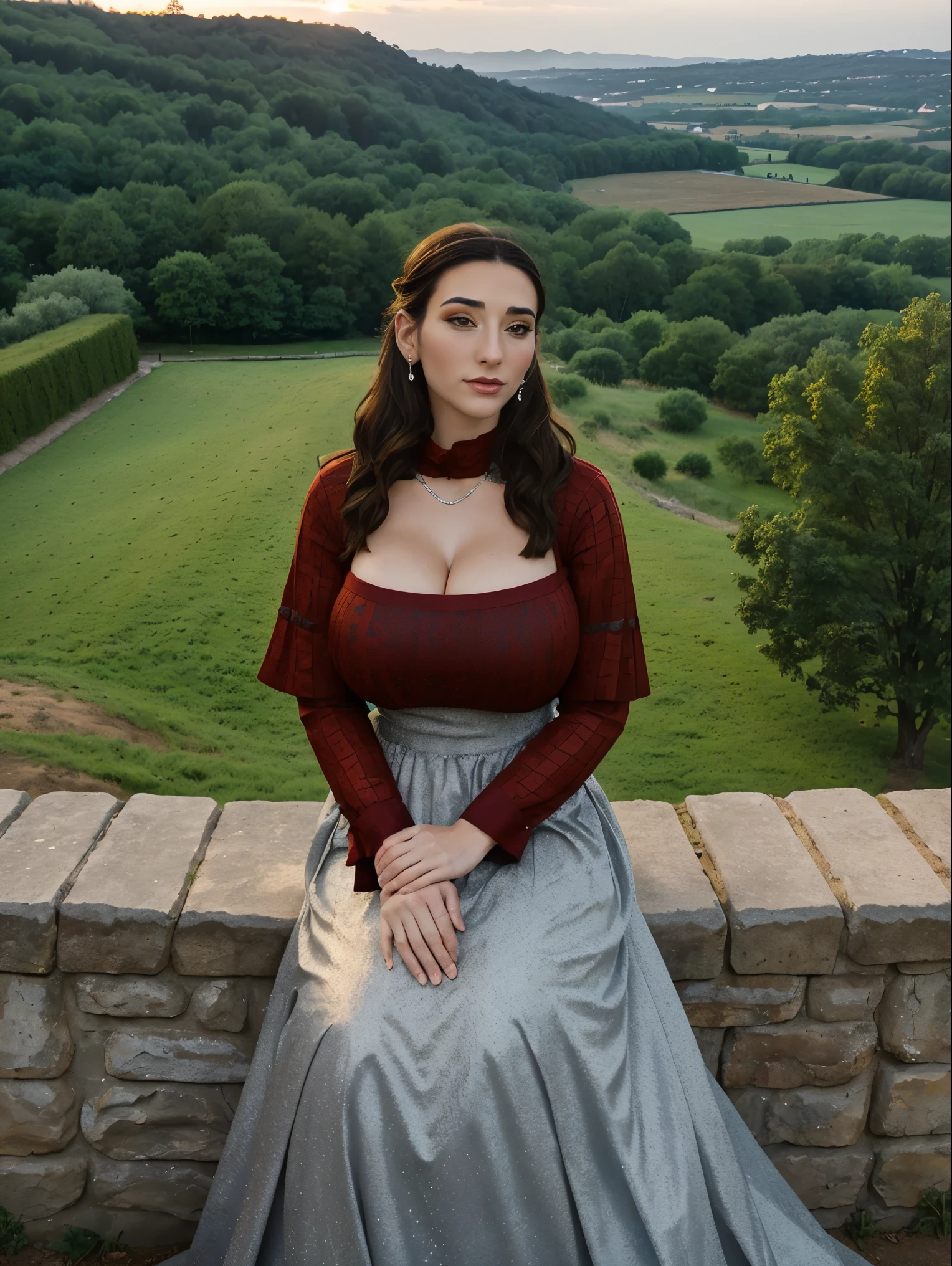 Gorgeous and sultry busty athletic (thin) brunette queen with sharp facial features wearing a modest updo, dark red medieval dress, long sleeves, intricate patterns, scrollwork, wide neck, crown, veil, long dress, modest dress, tight bodice, (silver waist chain), medieval jewelry, Middle Ages, castle, rampart, wall, exterior, on top of a castle wall, trees, countryside, evening, sunset.