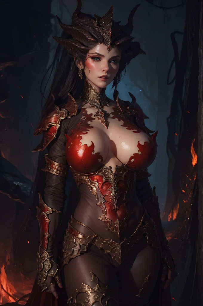 best quality, 8k, very delicate and beautiful, highly detailed face and skin texture, shiny skin, high resolution, huge tits sexy lilith in fire armor with volcano and fire, sharp focus
