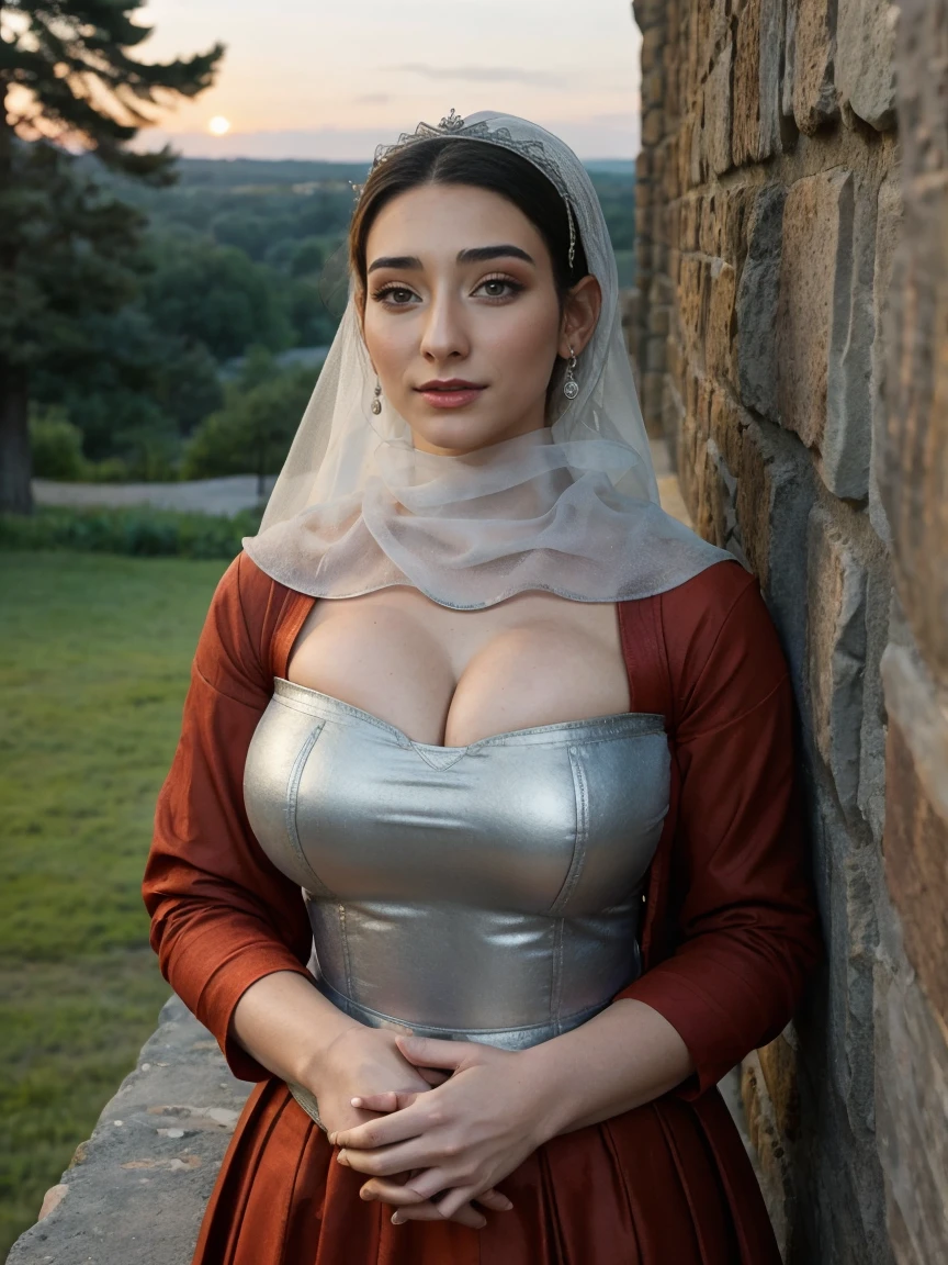 Linda e sensual peituda atlética (afinar) rainha morena com traços faciais marcantes usando um penteado modesto, vestido medieval vermelho escuro, mangas compridas, padrões intrincados, arabescos, Pescoço largo, coroa, véu, vestido longo, vestido modesto, corpete apertado, (Corrente de cintura de prata), joias medievais, idade Média, castelo, Muralha, parede, exterior, on top of a castelo parede, árvores, interior, noite, pôr do sol.