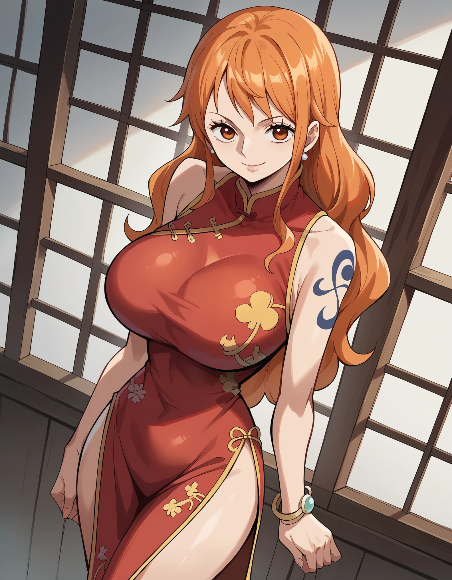 score_9, score_8_up, score_7_up, source_anime, best quality, clear face, Nami, orange hair, orange eyes, long hair, large breasts, perfect body, looking at viewer, smile, china dress, red clothes, indoor, standing, dynamic angle