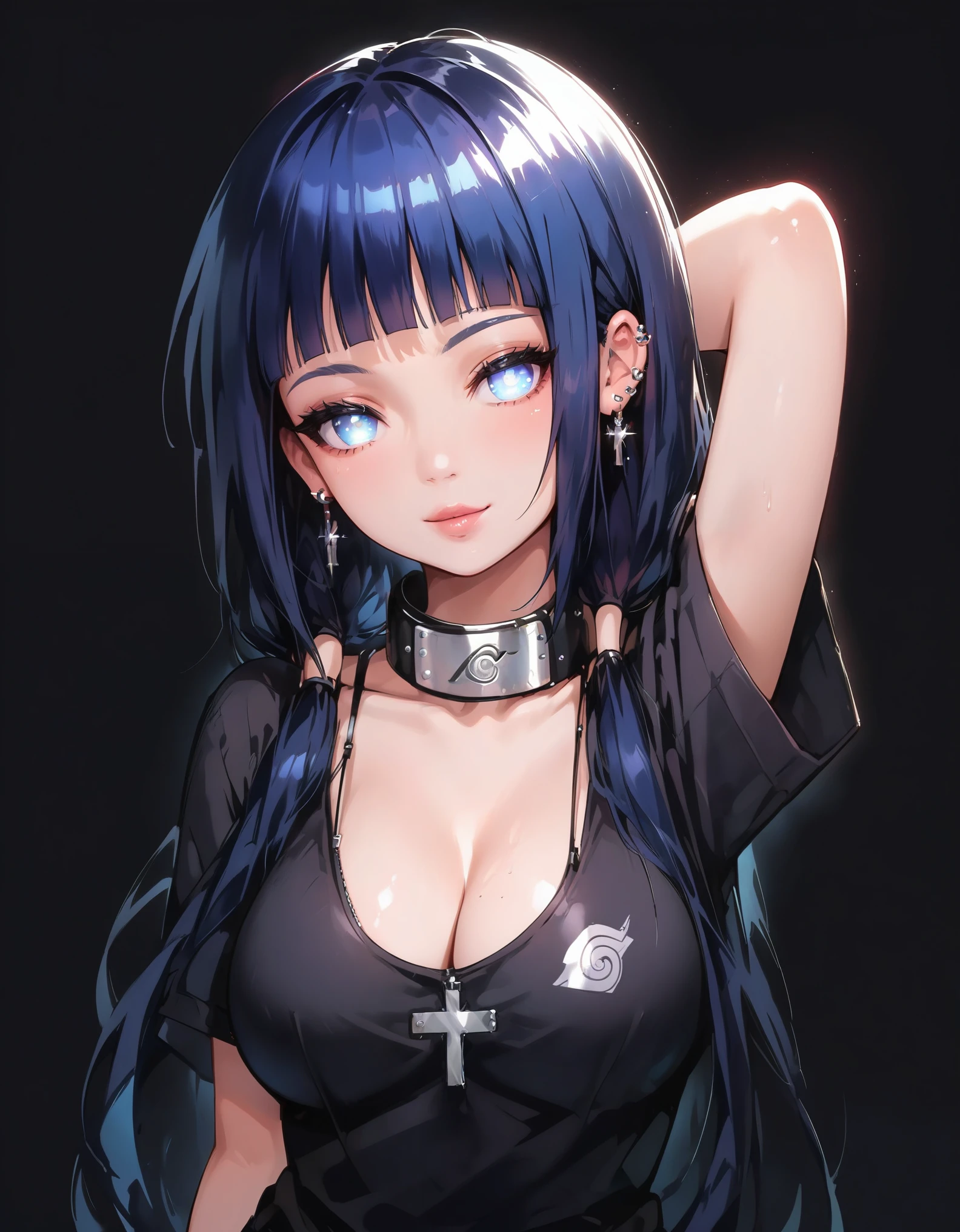 score_9, score_8_up, score_7_up, masterpiece, best quality, highly detailed, 1girl, (Hinata from Naruto) pale skin, blue eyes, thick black eyelashes, black eyeliner, dark eyeshadow, neon blue hair, low twintails, big breasts, black t-shirt, ear piercings, looking at the viewer, bedroom eyes, seductive smile, g0thicPXL, glowing hair, glowing eyes, neon, arm behind head, arched back, dark background, cowboy shot, thick white character outline, cleavage