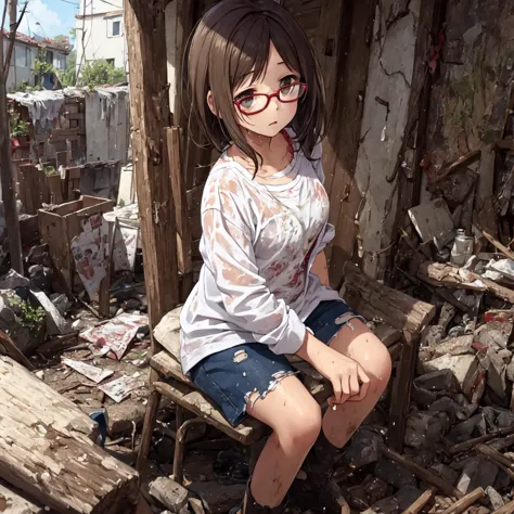 surprise expression、soaked、glasses、nfsw、dark abandoned house、sit down、tattered clothes、torn and muddy、傾いたglasses