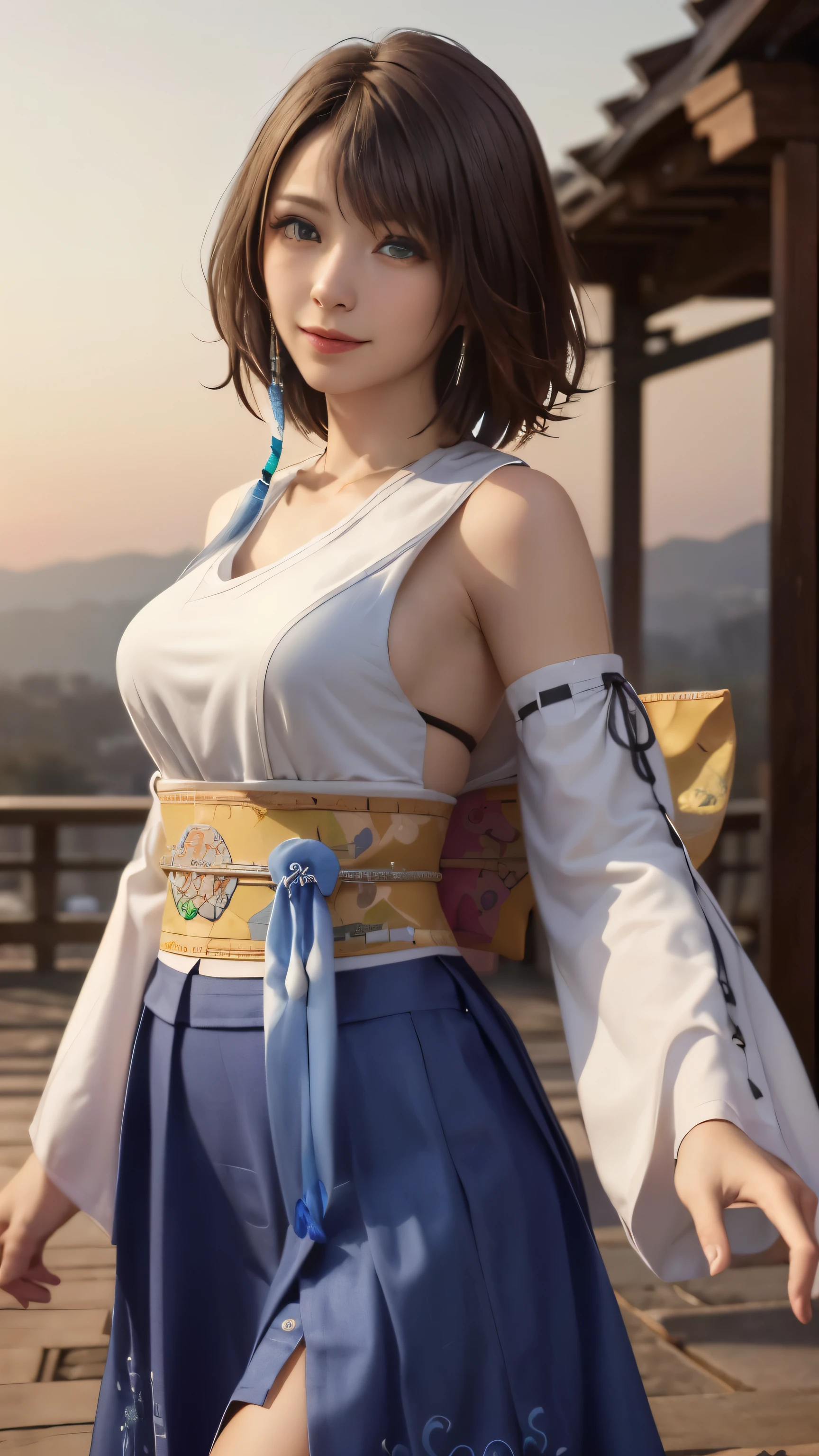 Realistic Skin, (Intricate details), Best lighting, Depth Field, ((ultra High resolutionolution, High resolution)), {High resolution}, {{Very beautiful 8K CG wallpaper}}, {{Very accurate and detailed}}, ((((masterpiece))), Highest quality, Absurd, Perfect Anatomy, 1 girl, alone, Yuna FFX, Heterochromia iridis, short hair, Yuna Costume, hair ornaments, Removed sleeve, in the same way, sash, Same as skirt, Long skirt, Cowboy Shot, smile,