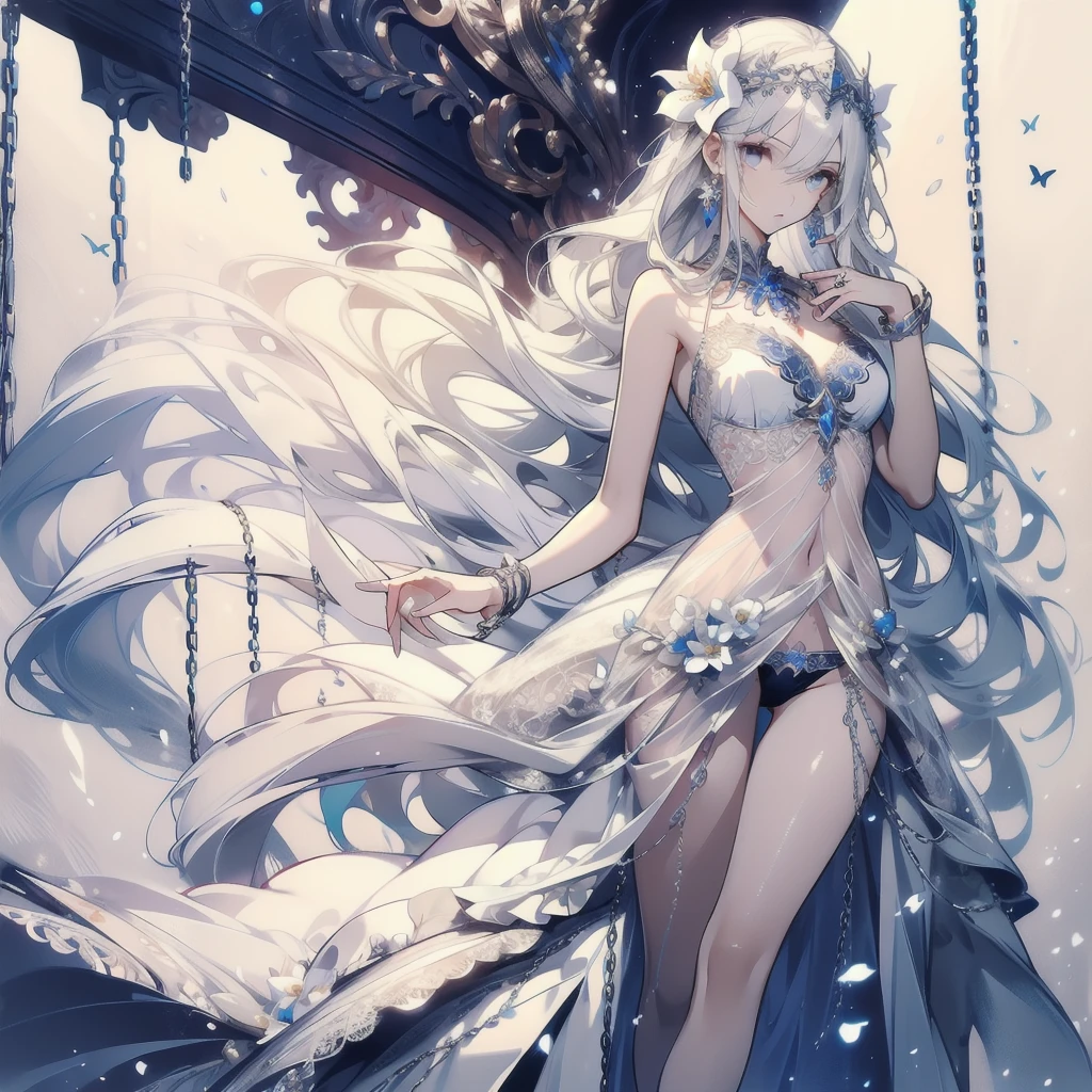 ((masterpiece, best quality)), Delicate face，knight，Standing picture，whole body，Perfect body proportions，Long legs，Long wavy hair，Beautiful silver eyes，Fantasy style，White background，Extremely beautiful，transparent，Pure white flower marriage，Sexy bikini，chain，Tattoo，Lace，exposed