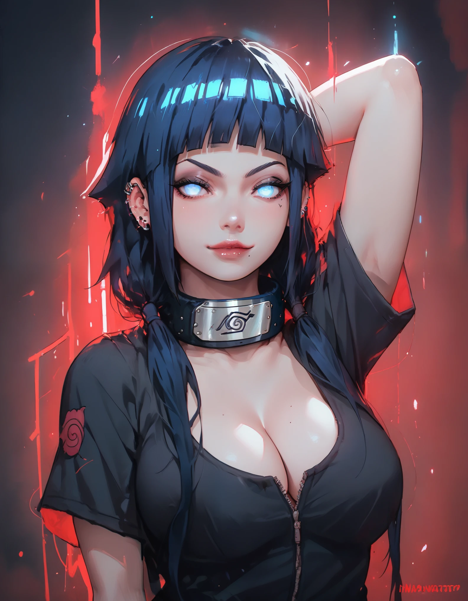 score_9, score_8_up, score_7_up, masterpiece, best quality, highly detailed, 1girl, (Hinata from Naruto) pale skin, blue eyes, thick black eyelashes, black eyeliner, dark eyeshadow, neon blue hair, low twintails, big breasts, black t-shirt, ear piercings, looking at the viewer, bedroom eyes, seductive smile, g0thicPXL, glowing hair, glowing eyes, neon, arm behind head, arched back, dark background, cowboy shot, thick white character outline, cleavage