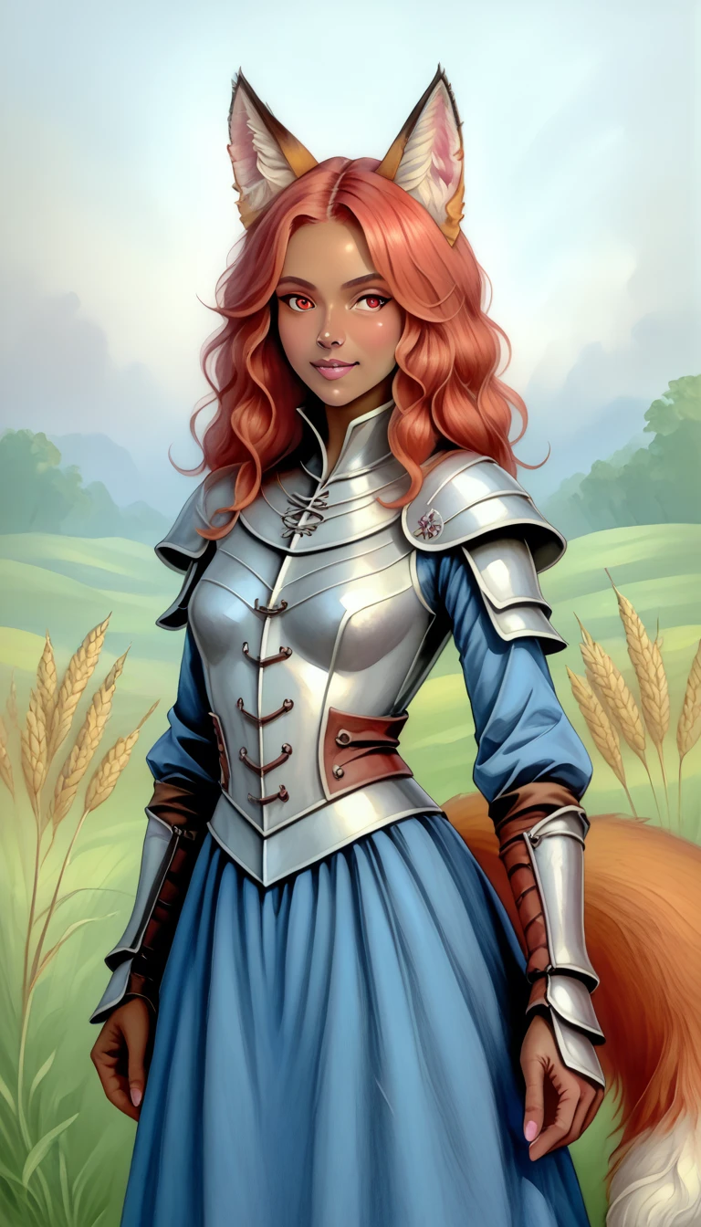 (zPDXL2),  score_9_up, painterly, faux traditional media, realistic, BREAK
1girl, solo, fullbody, (fox:1.2), (short wavy hair), glowing red eyes, (fox ears, fox tail), tanned skin, medieval, fantasy, leather armor, wheat farm background, BREAK
AissistXLv2, unaestheticXL_bp5, SimplePositiveXLv2, zPDXL2 PonyXLV6_Scores