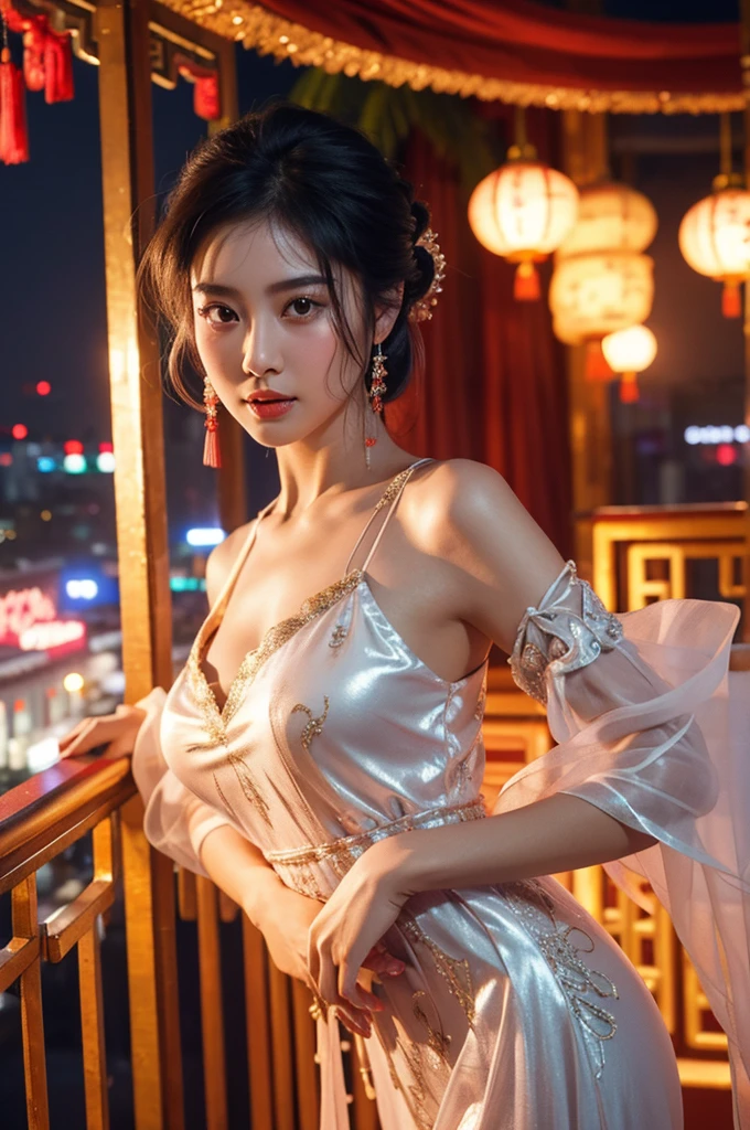 best quality, 8k, very delicate and beautiful, highly detailed face and skin texture, shiny skin, high resolution, big tits sexy chinese girl in slip night dress at balcony, sharp focus