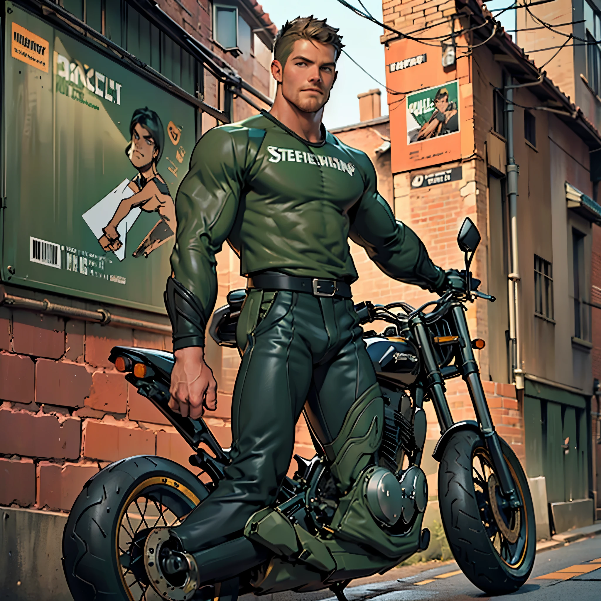 32k, high quality , detailed face , detailed hands , detailed muscles detailed motorcycle , (((stephen amell))) standing near his (((motorcycle 1.2))), posing in a street ,standing with spread legs, showing his muscles, shirtless wearing a very very low dark green pants with brown belt, background brick wall with men health posters