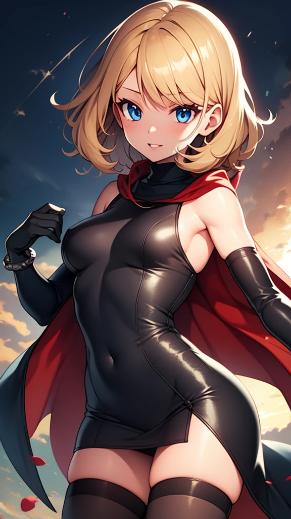 masterpiece, best quality, solo girl, full body, dark blonde hair, blue eyes, short hair, medium breasts, sexy body and face, wavy hair, smile, parted lips, gradient clothes, dress, elbow gloves, sleeveless, bare shoulders, cape, boots, bracelet, sleeveless dress, ribbon, black gloves, turtleneck, short dress, pantyhose, black footwear, night, sexy pose, cowboy shots, detailed body, face, and eyes, sharp focus, vibrant, creative, dynamic, high definition, high resolution, 8k, (Upscale: R-ESRGAN 4x+ Anime6mage enchance:4x), voluptuous body, cinema lightning, dakimakura style, looking at the viewer,