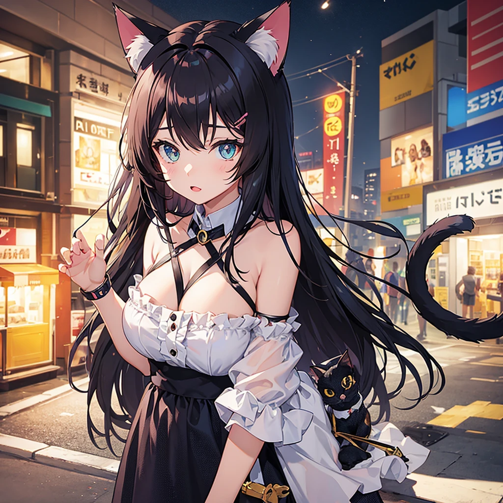 Cat ear girl,Cat&#39;s Tail,Blonde,,Red Dress,Long skirt,An attractive dress with a wide open back,Red elbow-length gloves,Illuminated by the moonlight,Shy smile,Castle rooftop,A fantastic atmosphere, Fireworks in the night sky, Face illuminated by light, Characters stand out, The background is blurred, The focus is on the characters, Sharp details, Dim light at night