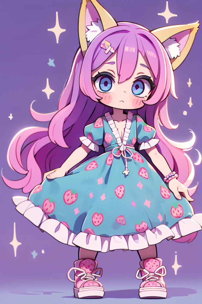 1 girl, chibi, tiny, toddler, pink hair, purple star hairclip, fox ears, light skin, blue eyes, sparkle in eyes, purple pacifier, wearing strawberry pattern dress, blue marry jane shoes, colorful bead bracelets, 