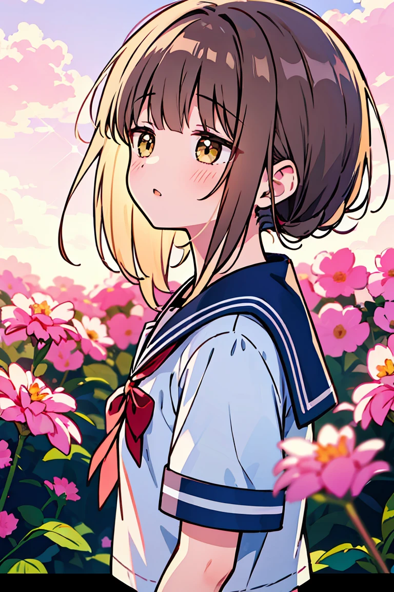 mahiru shiina, (masterpiece, best quality),1girl, solo, flower, long hair, outdoors, letterboxed, , day, sky, looking up, short sleeves, parted lips, shirt, cloud, black hair, sunlight, white shirt, serafuku, upper body, from side, pink flower, blurry, brown hair, blue sky, depth of field