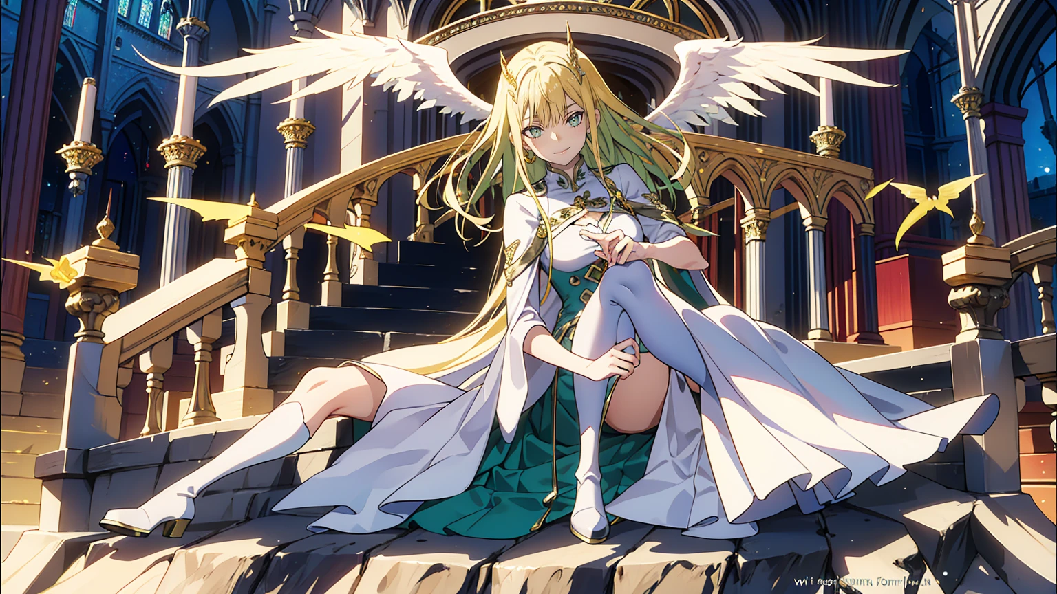 with a cathedral background,whole body,whole body,thin,thin脚,greenish-yellow hair，Yellow-green pupil，Green and yellow, white clothing with gold and silver decorations，She is a naturally pretty girl.,((Wicked Smile)),White thigh-high boots,whole body,Long Hair,White angel wings,whole body,