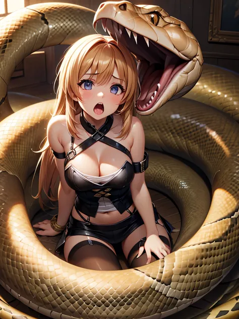 1girl, highly detailed, game cg, illustration, absurdres, snake, snake vore, girl in snake mouth, upset