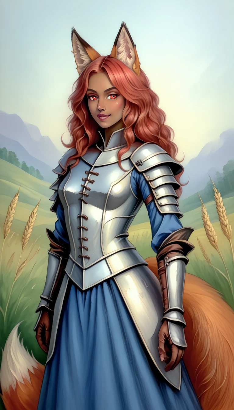 (zPDXL2),  score_9_up, painterly, faux traditional media, realistic, BREAK
1girl, solo, fullbody, (fox:1.2), (short wavy hair), glowing red eyes, (fox ears, fox tail), tanned skin, medieval, fantasy, leather armor, wheat farm background, BREAK
AissistXLv2, unaestheticXL_bp5, SimplePositiveXLv2, zPDXL2 PonyXLV6_Scores