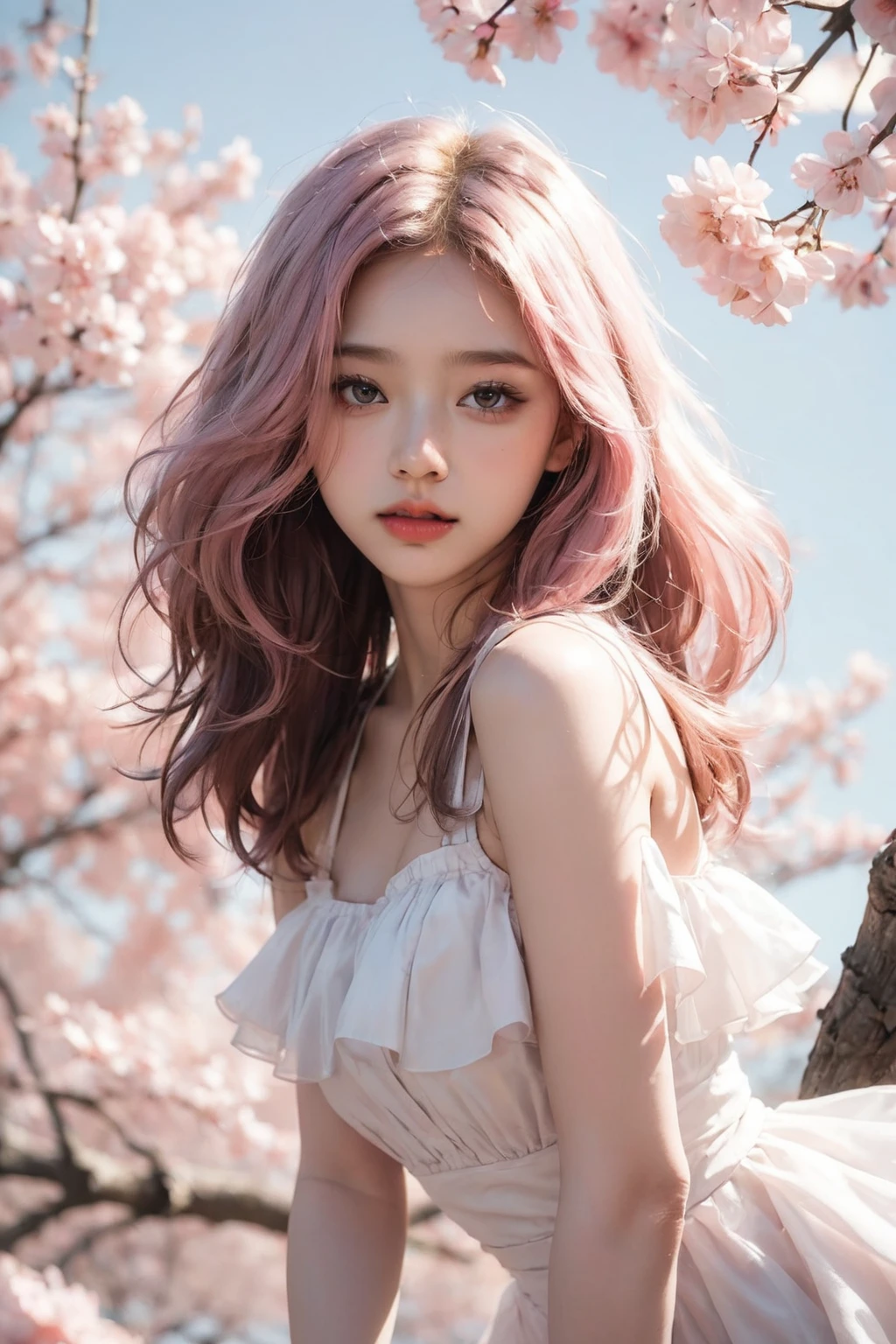 A woman with pink hair and a white dress poses in front of a tree, Flowing pink hair, long Flowing pink hair, Pastel粉色 skin tone, Pink fine hair, Pastel, Pink Girl, inspired by Yanjun Cheng, Pastel粉色, Beautiful Asian girl, Light pink hair, White Ji haircut, Beautiful anime style, asian girl with long hair