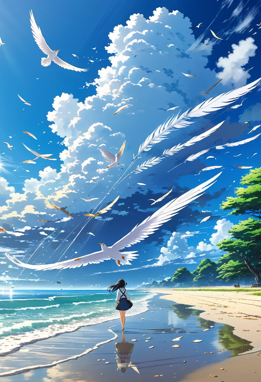 Well detailed anime landscape, The 100 series poster style with people falling from the sky, Os 100, people falling to the sky, beautiful horizon on the beach, floating wing feathers
 falling seen from afar, clouds, small with brush strokes, serene sky anime nature wallpaper, anime beautiful scene, beautiful anime peace scene, Makoto Shinkai Cyril Rolando, beautiful anime scene, amazing wallpaper, wallpaper anime art 8k, anime background, anime art background, anime 4k wallpaper, anime art 4k wallpaper, anime art 4k wallpaper,