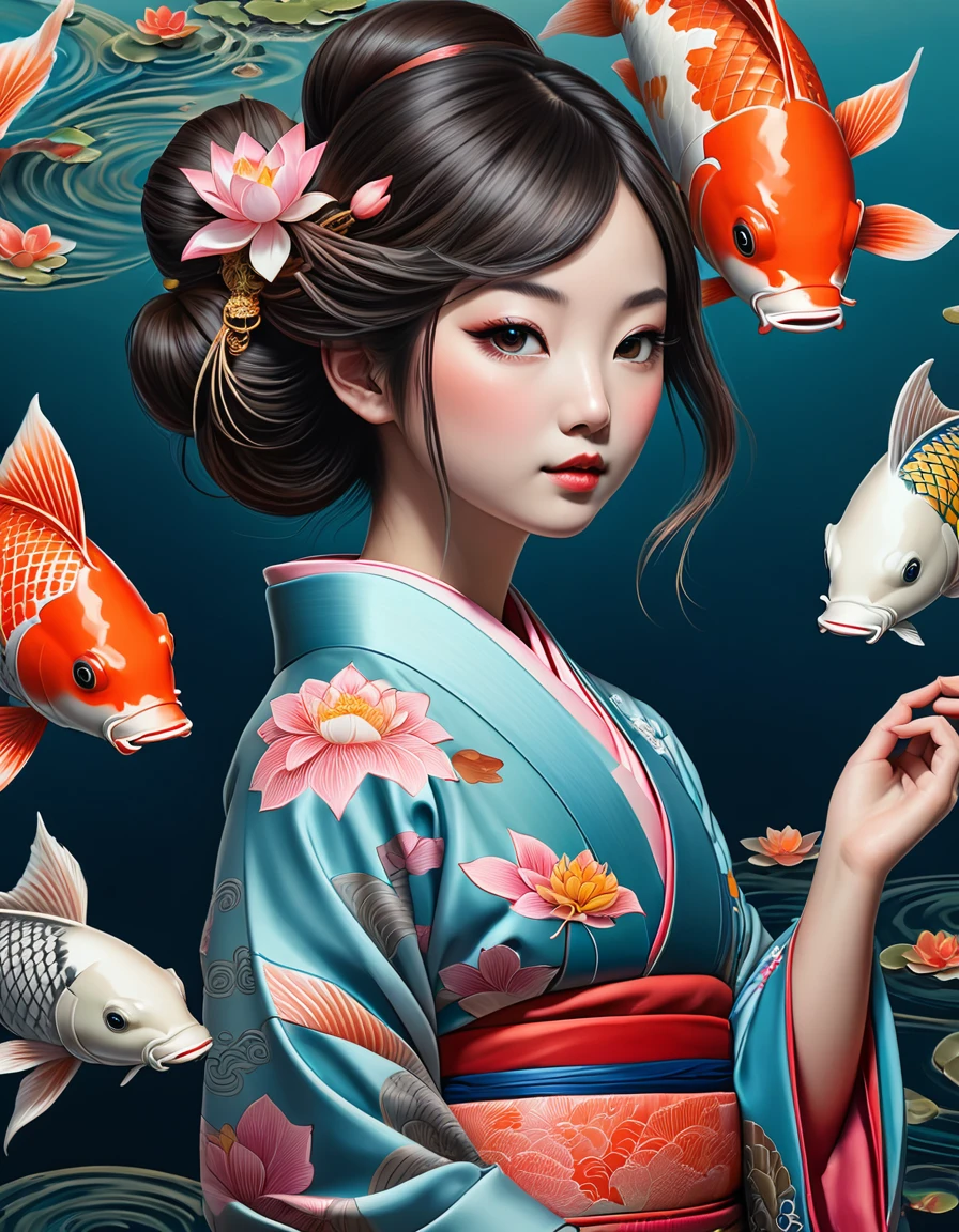 in the style of Greg Simkins,zentang, Realistic magical Japanese girl in a kimono,Koi fish,, a thin line ,colorful, lotuses, hyperrealism, hyperaesthetic,  sharpen, CGI,Fabonacci number,mandala,