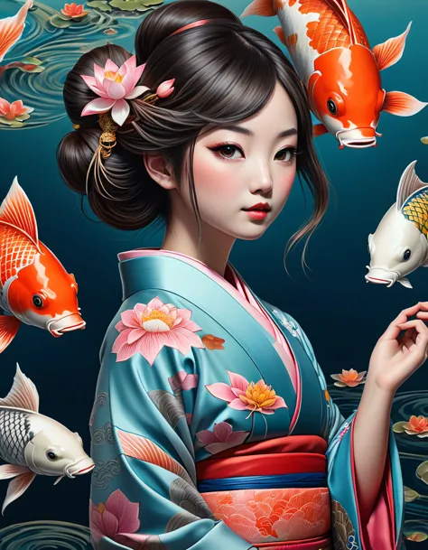 in the style of Greg Simkins,zentang, Realistic magical Japanese girl in a kimono,Koi fish,, a thin line ,colorful, lotuses, hyp...