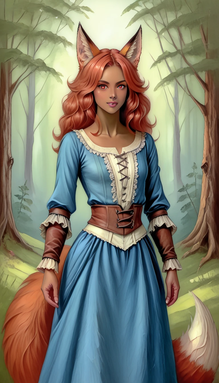 (zPDXL2),  score_9_up, painterly, faux traditional media, realistic, BREAK
1girl, solo, fullbody, (fox:1.2), (short wavy hair), glowing red eyes, (fox ears, fox tail), tanned skin, medieval, fantasy, pirate clothes, fantasy forest background, BREAK
AissistXLv2, unaestheticXL_bp5, SimplePositiveXLv2, zPDXL2 PonyXLV6_Scores