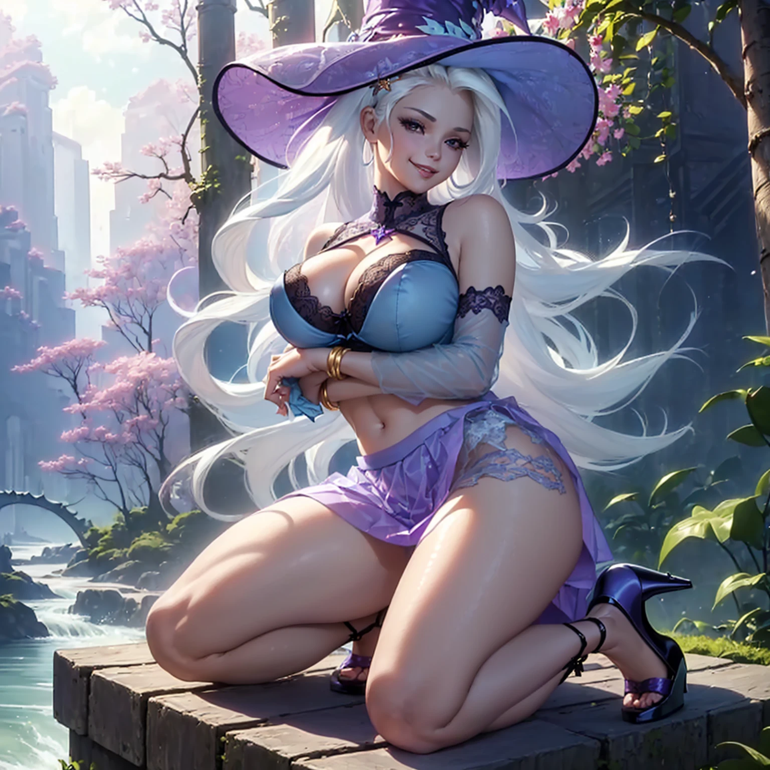 (((beautiful female body))),(((trixie as a sweet charming hot seductive horny model))), (((very long blue white hair))) ,(((kneeling hold a blue lace skirt with hands)))), (((outdoor))),(((cherry tree jungle with a river in background))),(((lewd and erotic posing))), (((happy wicked smile))) ,(((wear light blue purple sheer lace transparent see through very short bra))) , (((((upskirt view))))) , (((witch hat))),breasts are visible , (((wear high heels))) , (((full body))),golden bracelets , (((perfect big breasts))) , lush breasts , Bulky Breasts , voluminous breasts ,(((peeping the viewer))),(((bare belly))),(((side close upskirt view)))