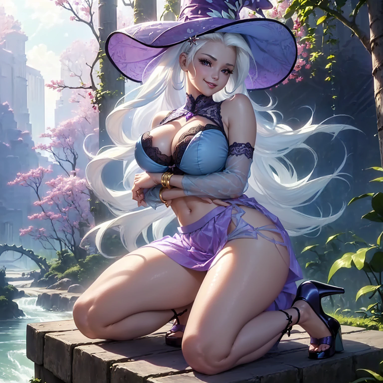 (((beautiful female body))),(((trixie as a sweet charming hot seductive horny model))), (((very long blue white hair))) ,(((kneeling hold a blue lace skirt with hands)))), (((outdoor))),(((cherry tree jungle with a river in background))),(((lewd and erotic posing))), (((happy wicked smile))) ,(((wear light blue purple sheer lace transparent see through very short bra))) , (((((upskirt view))))) , (((witch hat))),breasts are visible , (((wear high heels))) , (((full body))),golden bracelets , (((perfect big breasts))) , lush breasts , Bulky Breasts , voluminous breasts ,(((peeping the viewer))),(((bare belly))),(((side close upskirt view)))