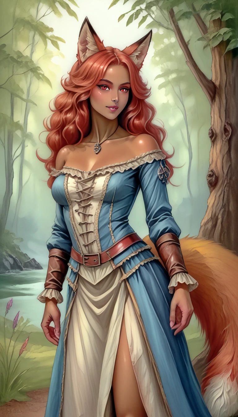 (zPDXL2),  score_9_up, painterly, faux traditional media, realistic, BREAK
1girl, solo, fullbody, (fox:1.2), (short wavy hair), glowing red eyes, (fox ears, fox tail), tanned skin, medieval, fantasy, pirate clothes, fantasy forest background, BREAK
AissistXLv2, unaestheticXL_bp5, SimplePositiveXLv2, zPDXL2 PonyXLV6_Scores