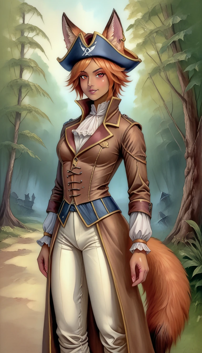 (zPDXL2),  score_9_up, painterly, faux traditional media, realistic, BREAK
1girl, solo, fullbody, (fox:1.2), (short hair), red eyes, (fox ears, fox tail), tanned skin, medieval, fantasy, pirate jacket, pirate pants, pirate hat, fantasy forest background, BREAK
AissistXLv2, unaestheticXL_bp5, SimplePositiveXLv2, zPDXL2 PonyXLV6_Scores