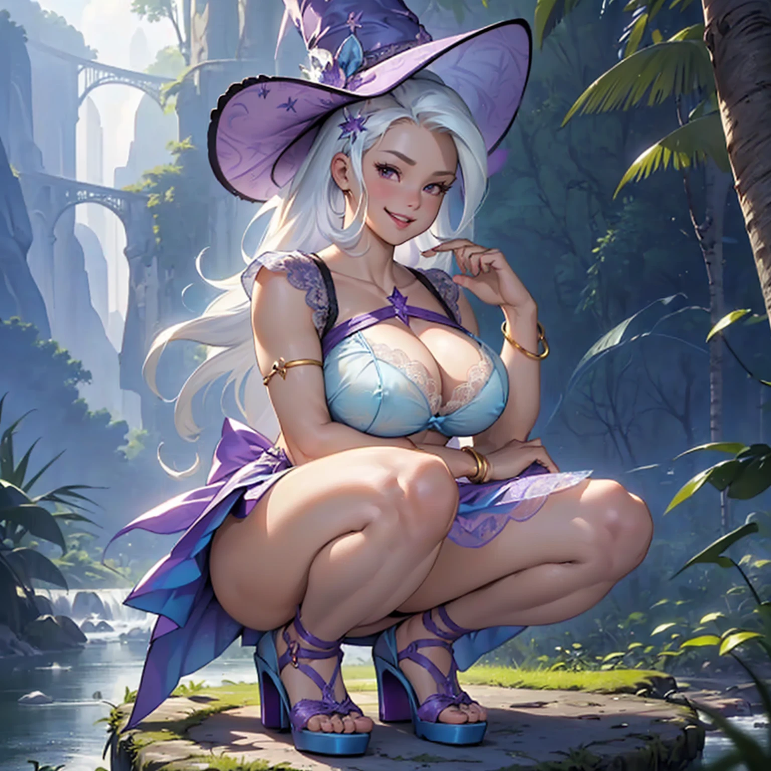 (((beautiful female body))),(((trixie as a sweet charming hot seductive horny model))), (((very long blue white hair))) ,(((squatting hold a blue lace skirt with hands)))), (((outdoor))),(((cherry tree jungle with a river in background))),(((lewd and erotic posing))), (((happy wicked smile))) ,(((wear light blue purple sheer lace transparent see through very short bra))) , (((((upskirt view))))) , (((witch hat))),breasts are visible , (((wear high heels))) , (((full body))),golden bracelets , (((perfect big breasts))) , lush breasts , Bulky Breasts , voluminous breasts ,(((peeping the viewer))),(((bare belly))),(((side close upskirt view)))