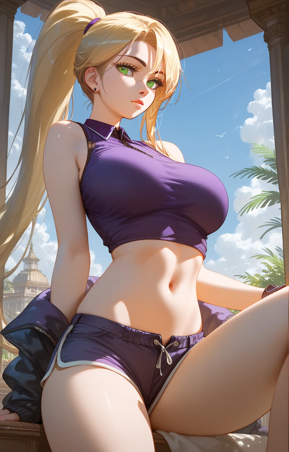 (score_9, score_8_up, score_7_up, score_6_up, score_5_up, score_4_up), masterpiece, best quality, high_resolution, 8k, UHD, 1girl, detailed, extremely detailed, best anatomy, (large breasts), indoor, long hair, blonde hair, high ponytail, green eyes, sleeveless shirt, shorts, purple clothes, navel, 