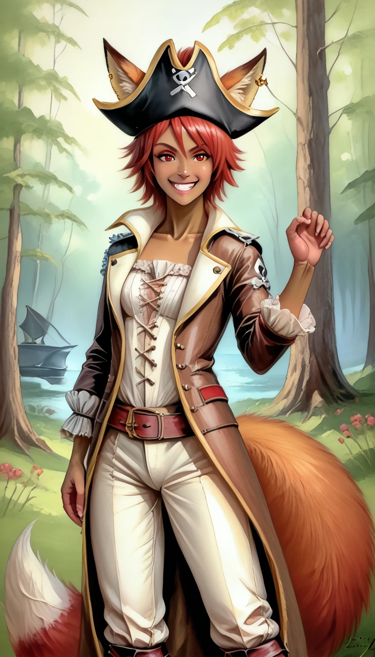 (zPDXL2),  score_9_up, painterly, faux traditional media, realistic, BREAK
1girl, solo, fullbody, (fox:1.2), (short hair), red eyes, grin, (fox ears, fox tail), tanned skin, medieval, fantasy, pirate jacket, pirate pants, pirate hat, hand pose, fantasy forest background, BREAK
AissistXLv2, unaestheticXL_bp5, SimplePositiveXLv2, zPDXL2 PonyXLV6_Scores