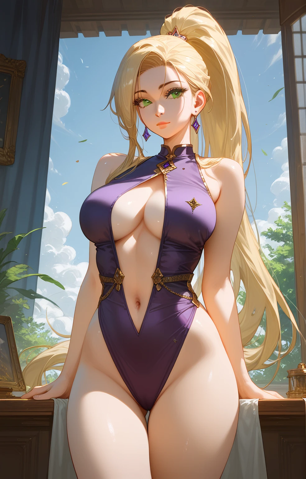 (score_9, score_8_up, score_7_up, score_6_up, score_5_up, score_4_up), masterpiece, best quality, high_resolution, 8k, UHD, 1girl, detailed, extremely detailed, best anatomy, (large breasts), indoor, long hair, blonde hair, high ponytail, green eyes, sleeveless, purple clothes, navel, 