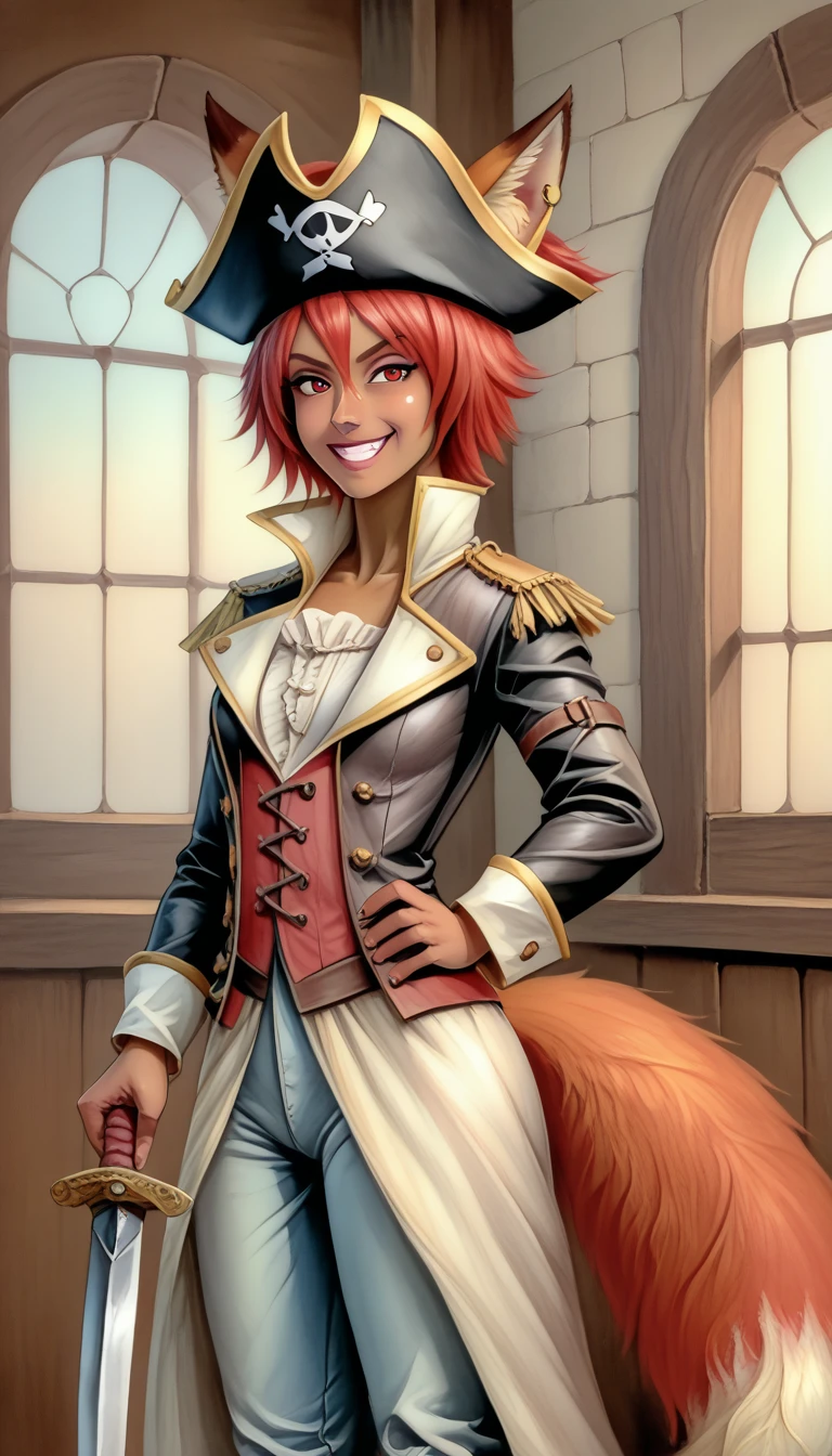 (zPDXL2),  score_9_up, painterly, faux traditional media, realistic, BREAK
1girl, solo, fullbody, (fox:1.2), (short hair), red eyes, grin, (fox ears, fox tail), tanned skin, medieval, fantasy, pirate jacket, pirate pants, pirate hat, holding sword, sea background, BREAK
AissistXLv2, unaestheticXL_bp5, SimplePositiveXLv2, zPDXL2 PonyXLV6_Scores