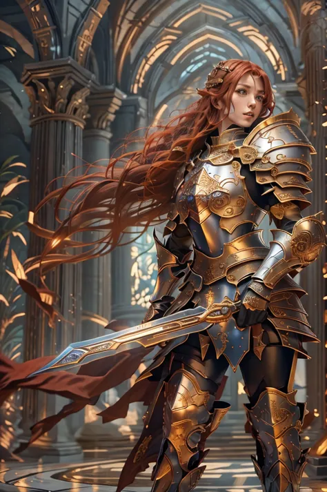 Full body of a red-haired woman in armor, Redhead Female Templar, Female Paladinの肖像, gorgeous Female Paladin, Portrait of a fema...