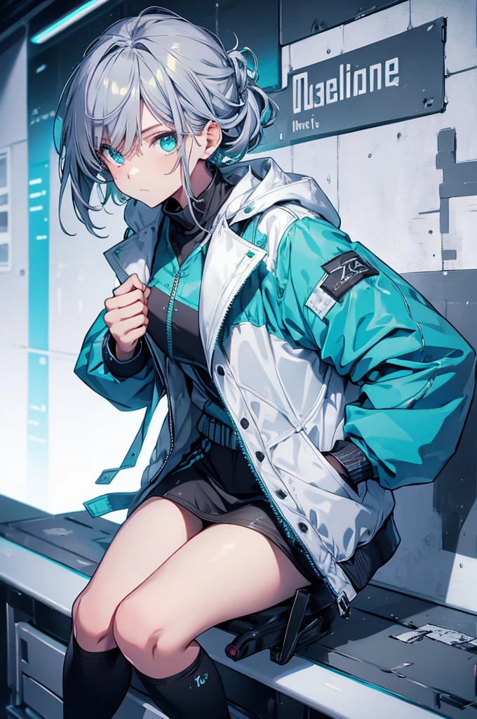 (Tabletop:1.2, Highest quality),  [One Girl, Expressionless, Turquoise Eyes, Gray Hair, Half Shortcut,White jacket,The jacket comes off, Leaning forward with hands on knees ,Upper Body]