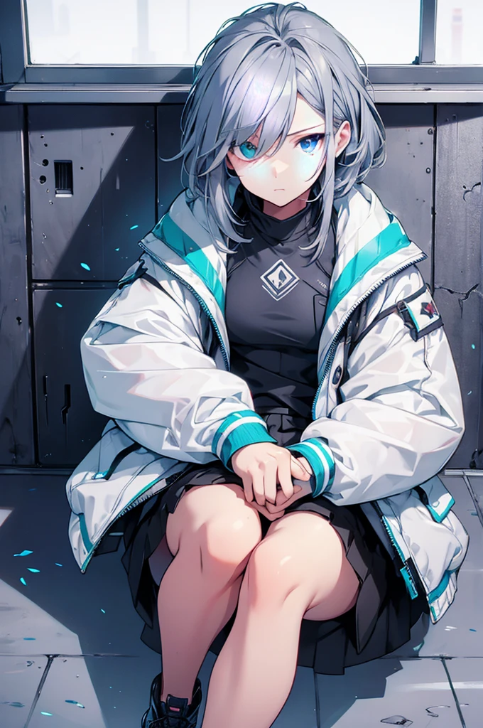 (Tabletop:1.2, Highest quality),  [One Girl, Expressionless, Turquoise Eyes, Gray Hair, Half Shortcut,White jacket,The jacket comes off, Leaning forward with hands on knees ,Upper Body]