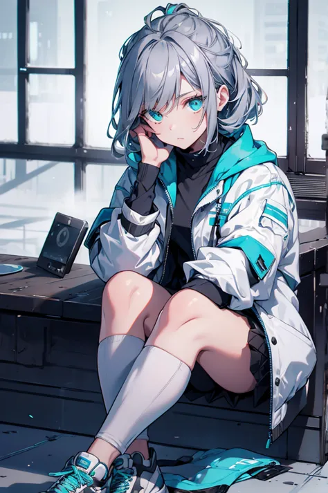 (tabletop:1.2, highest quality),  [one girl, expressionless, turquoise eyes, gray hair, half shortcut,white jacket,the jacket co...